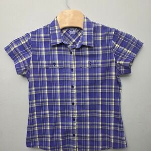 Cabela's Plaid Button Up Shirt Womens Medium Purple Yellow Short Sleeve Stretch